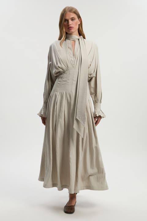 Pleated Neck Tie Detail Woven Maxi Dress