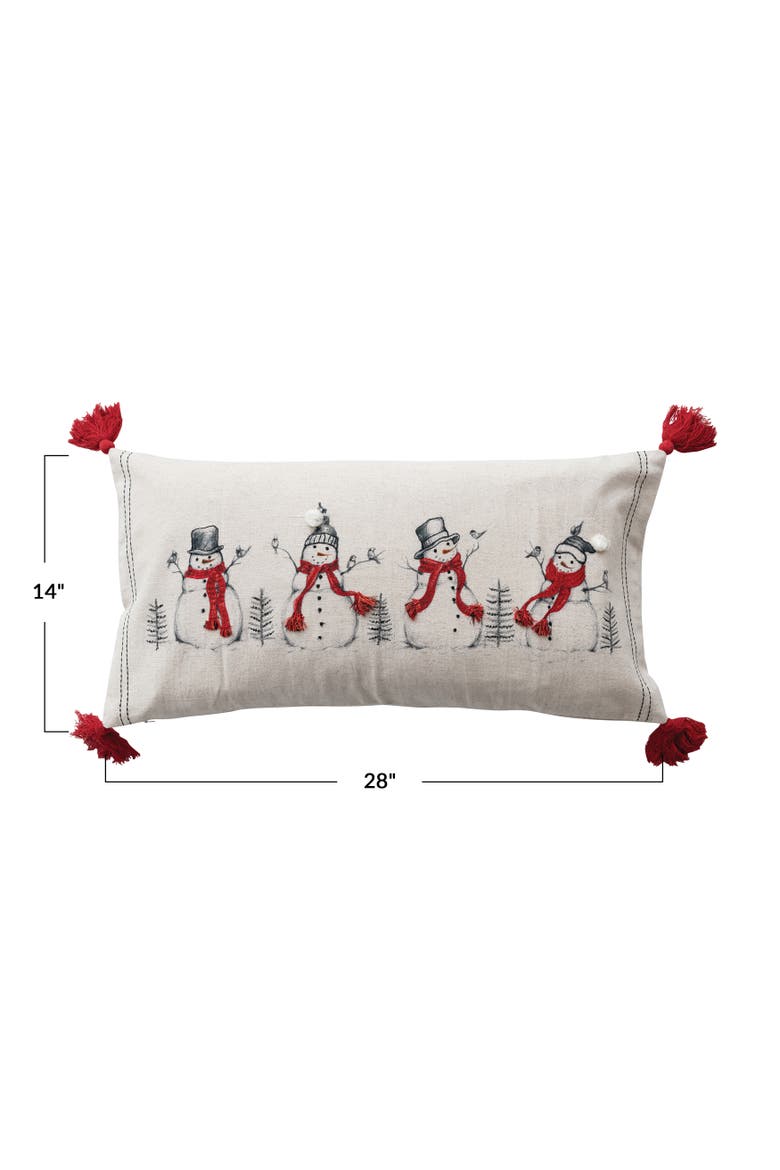 Linen Printed Lumbar Pillow with Embroidered Snowmen and Birds Image, Pompoms and Tassels, Alternate, color, Multicolor