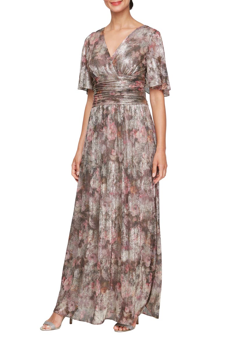 Floral Metallic Flutter Sleeve Gown, Main, color, TAUPE MULTI