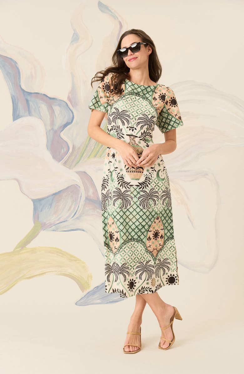 Maggy London Short Sleeve Midi Dress, Alternate, color, Cream/ Green