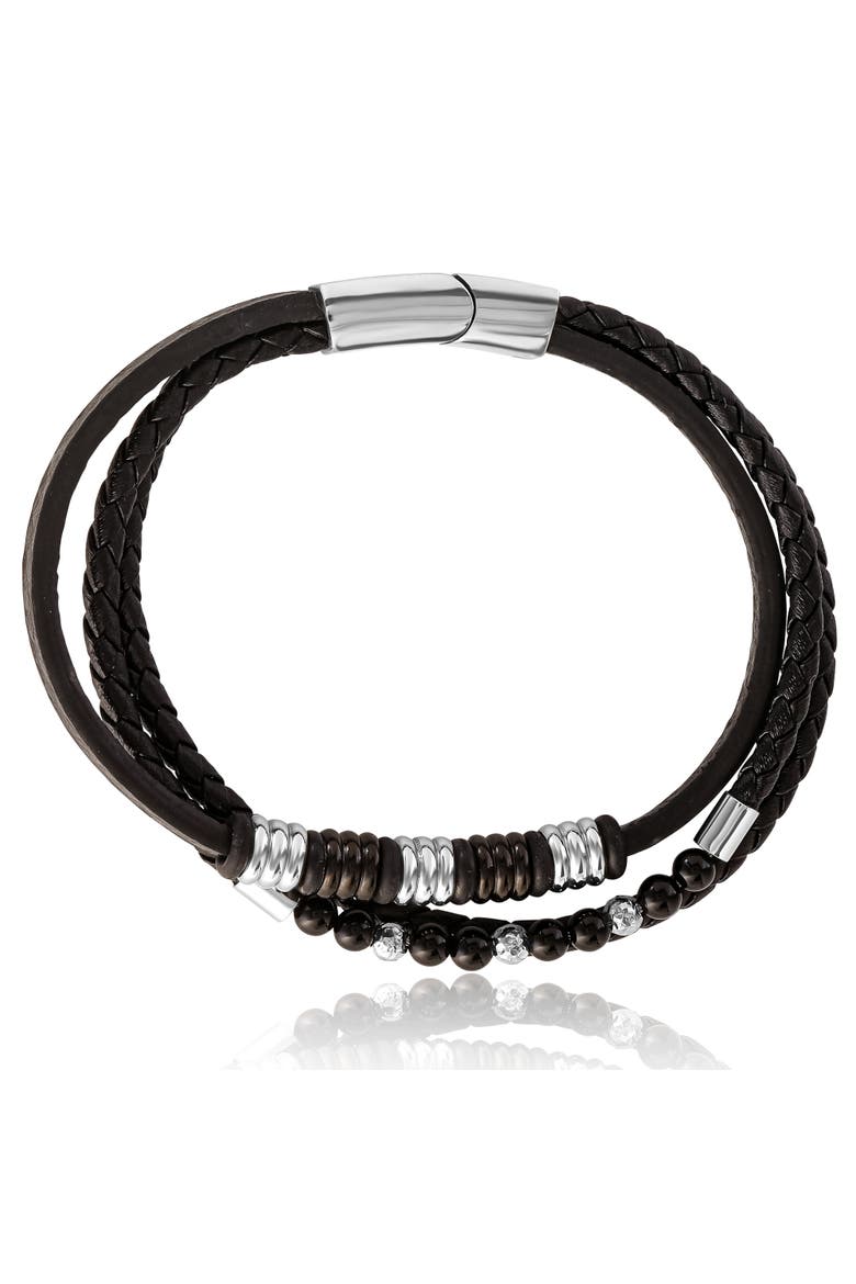 Stainless Steel Triple Row Black Cord Bracelet - 8.25", Alternate, color, Black, silver