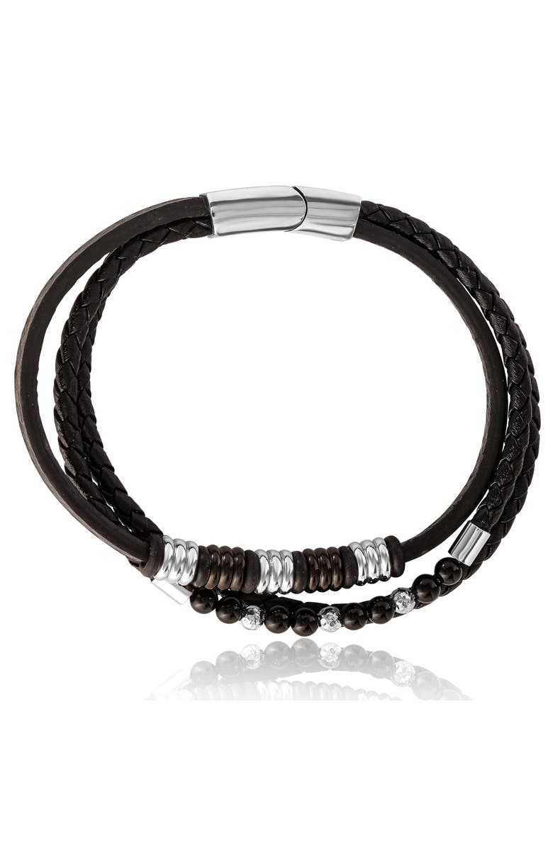 Lucky Brand Stainless Steel Triple Row Black Cord Bracelet - 8.25", Alternate, color, Black, Silver