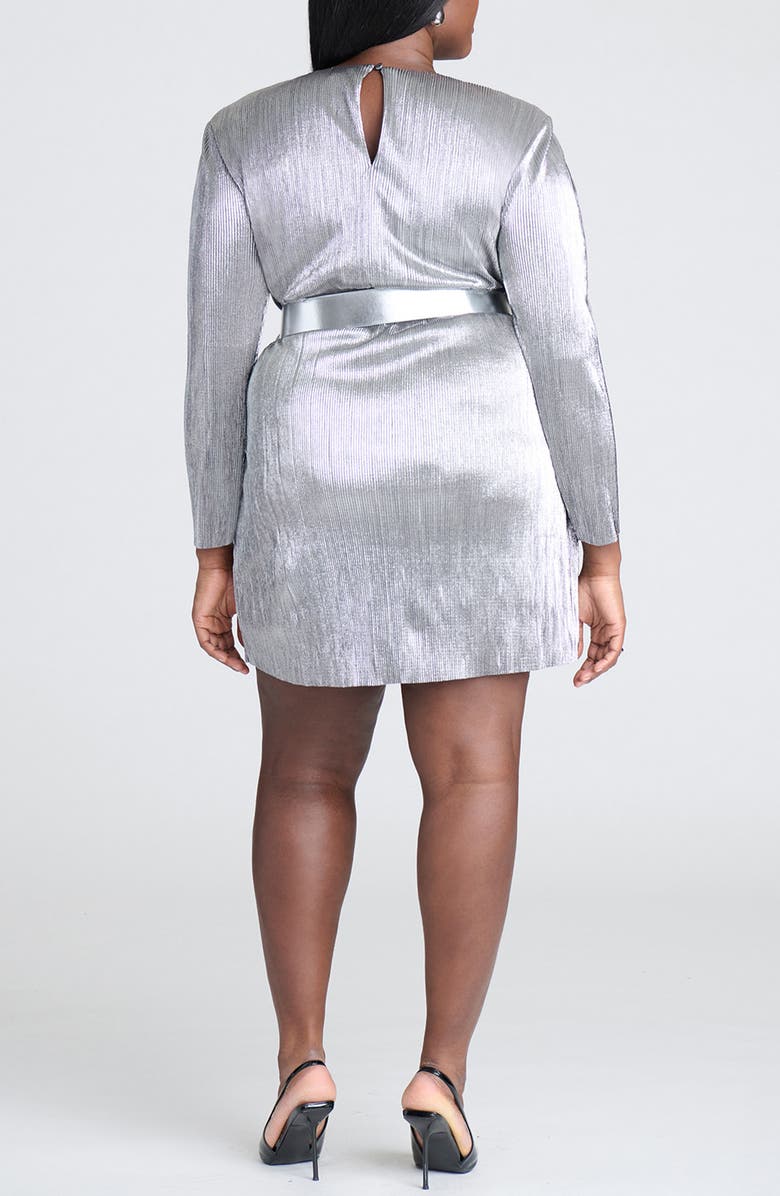 ELOQUII Pleated Belted Long Sleeve Lamé Dress, Alternate, color, 