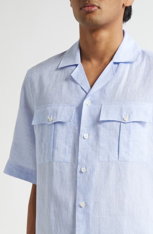 Isaia Superlino Short Sleeve Linen Button-up Shirt In Blue