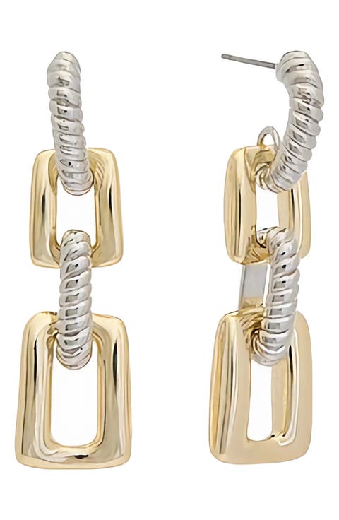 Two-Tone Link Drop Huggie Hoop Earrings
