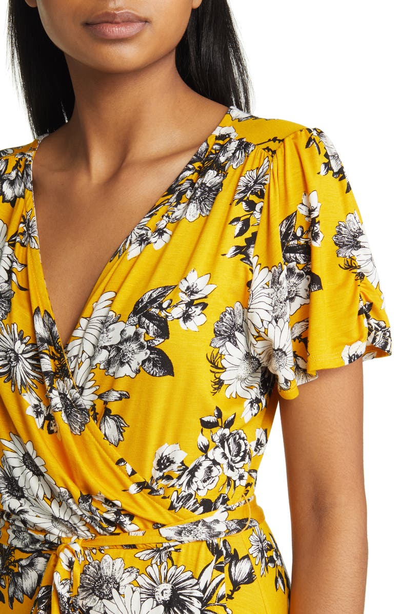 Loveappella Floral Faux Wrap Knit Dress, Alternate, color, Sunflower