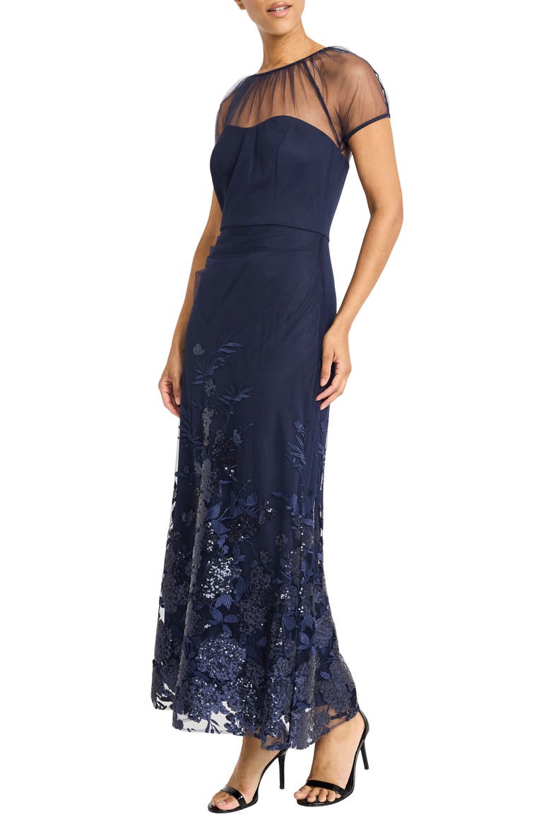 Floral Appliqué Detail Mesh Gown, Alternate, color, NAVY
