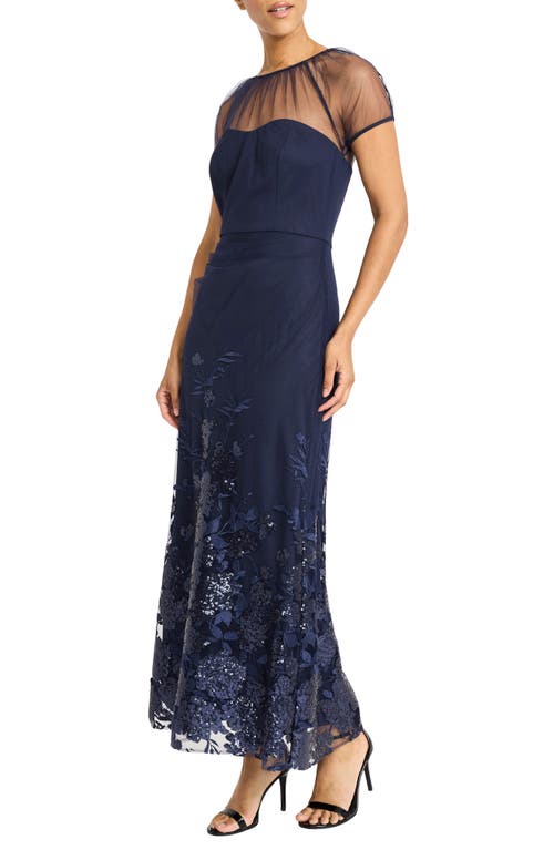 Maggy London Floral Appliqué Detail Mesh Gown In Navy