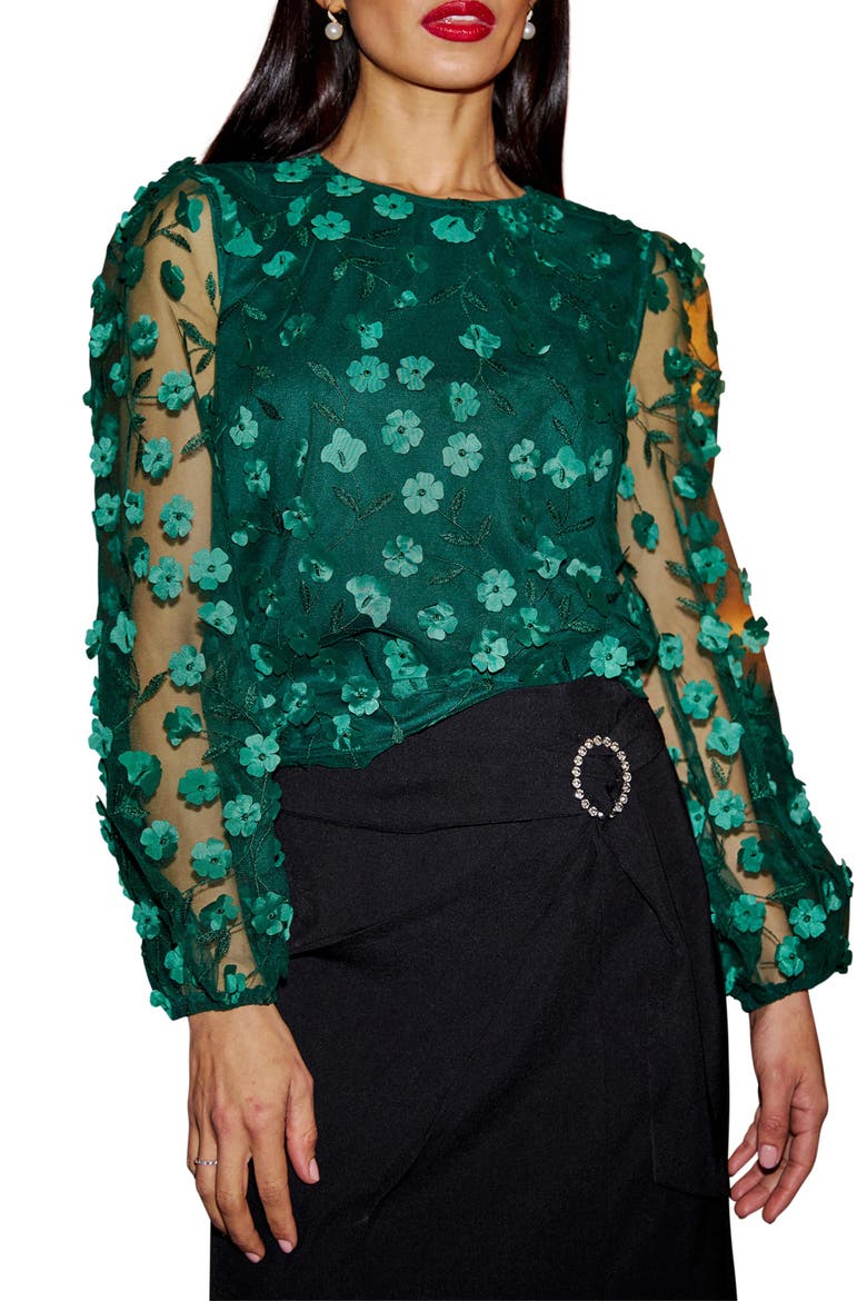 Long Sleeve Sheer Floral Top, Alternate, color, Green