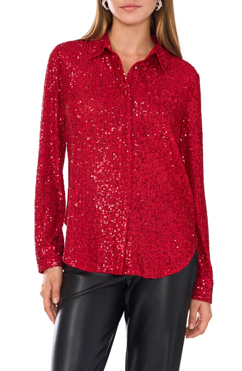 Vince Camuto Sequin Button-Up Shirt, Main, color, Ultra Red
