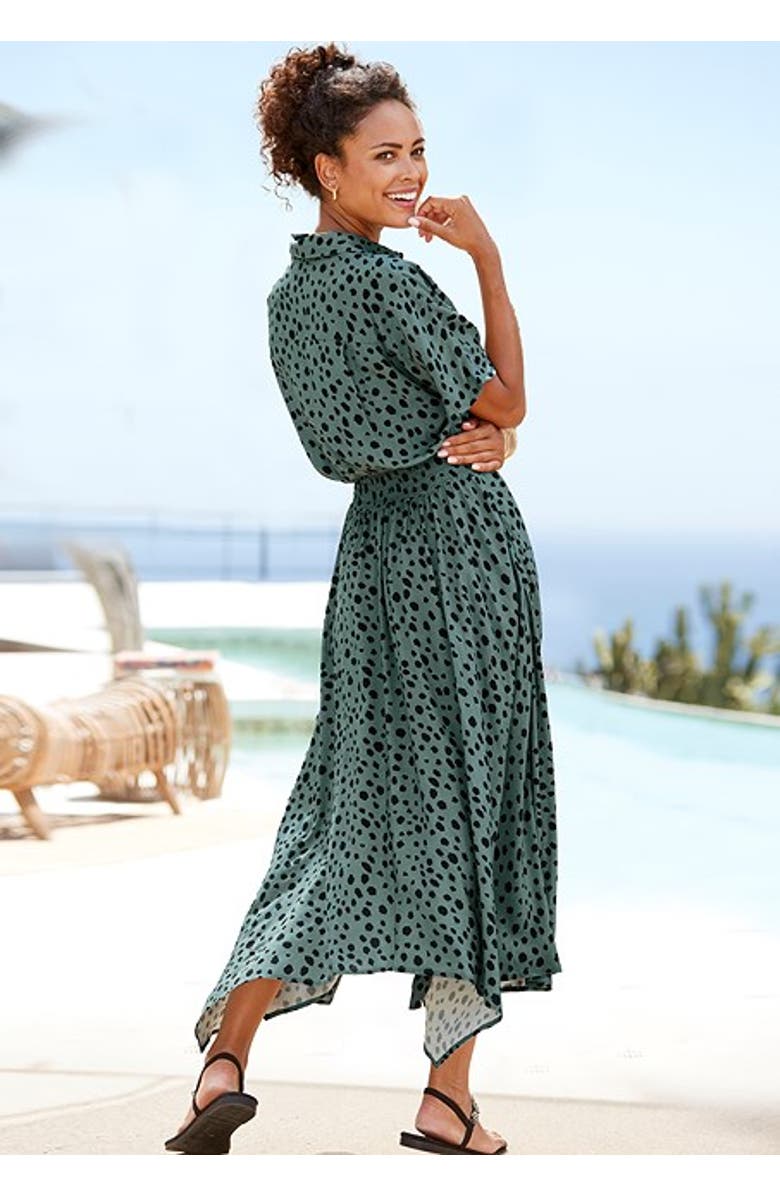 LASCANA Women's Printed Shirt Collar Dress, Alternate, color, Jade & Black