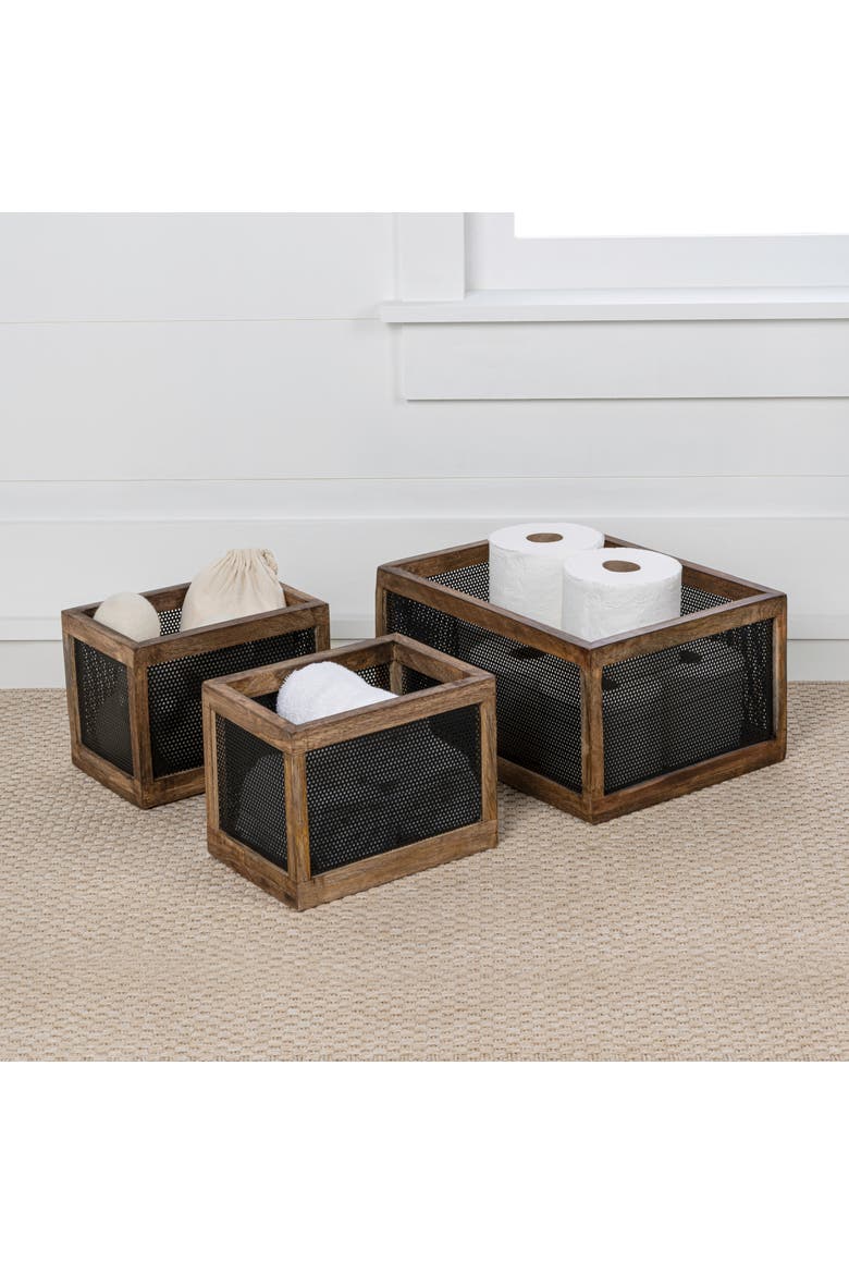 Fallon Modern Minimalist Handmade Wooden Metal Nesting Storage Baskets, Alternate, color, Black/Natural