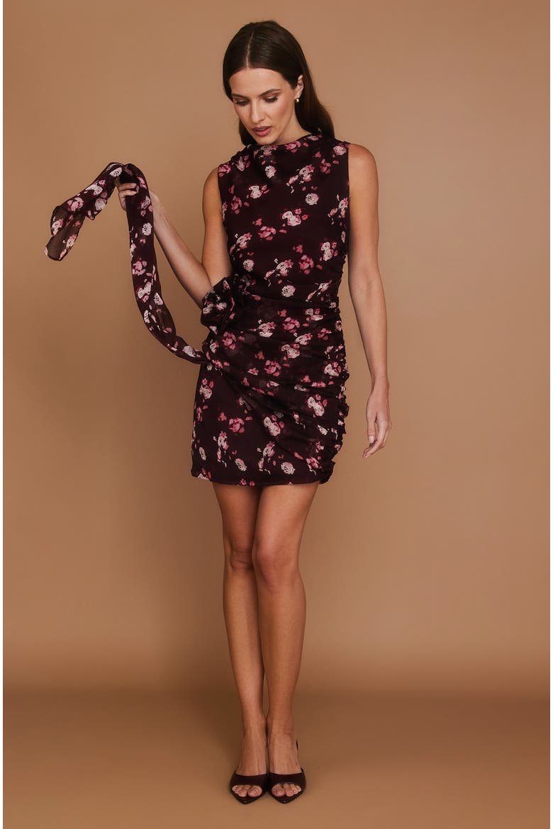 Floral Coursage Ruched Mini Dress, Alternate, color, Wine