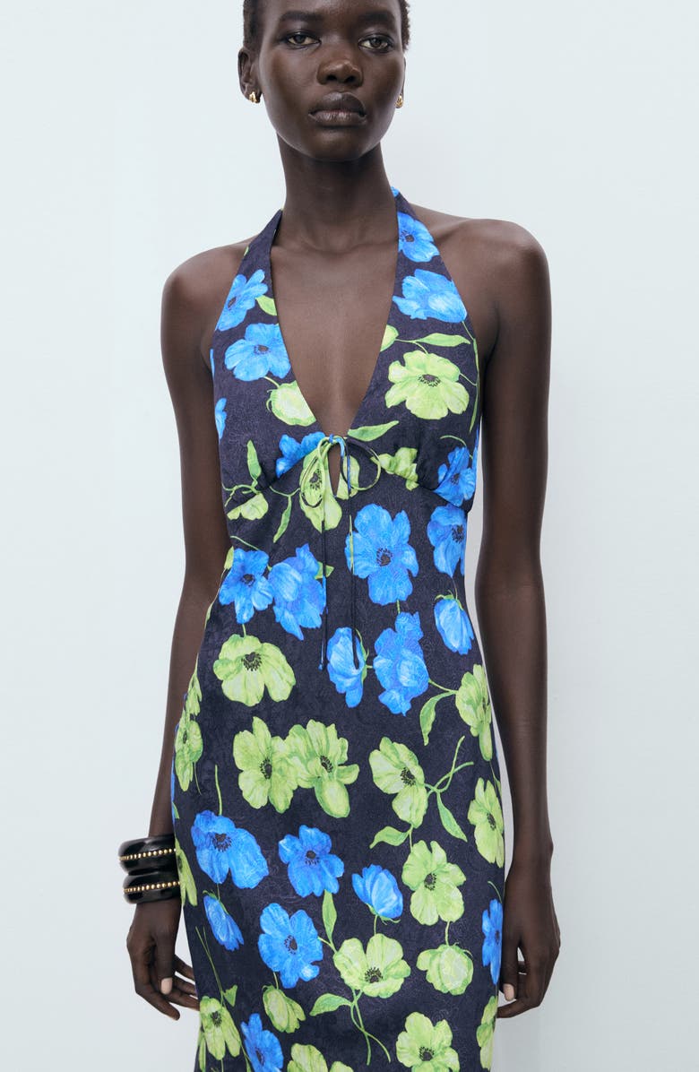 MANGO Floral Halter Maxi Dress, Alternate, color, Black