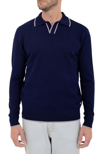 Pino By Pinoporte Johnny Collar Long Sleeve Wool Polo In Navy