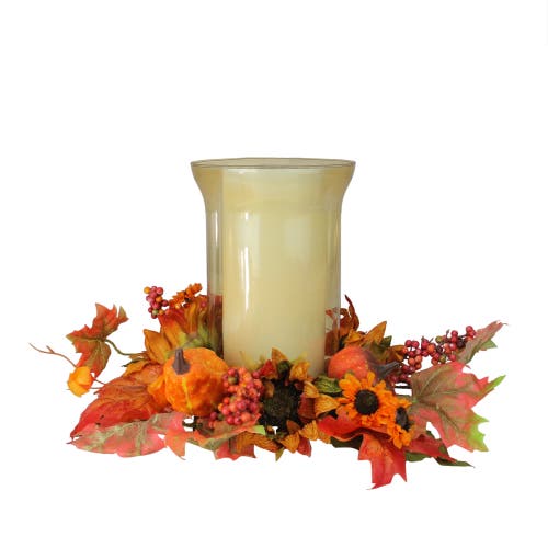 Northlight 16in Artificial Fall Flowers & Pumpkins Pillar Candle Holder In Orange