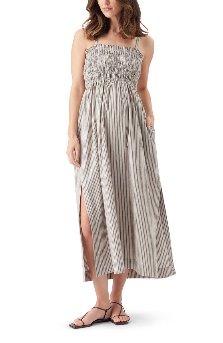 Ripe Maternity Leo Stripe Shirred Maternity Dress with Side Splits, Main, color, Natural / Black