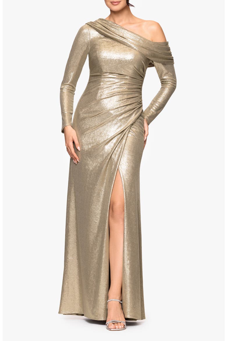 Metallic One-Shoulder Long Sleeve Gown, Main, color, GOLD