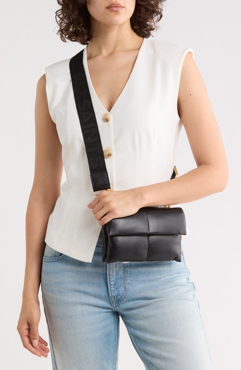 AllSaints Ezra Logo Strap Leather Crossbody Bag, Alternate, color, Black