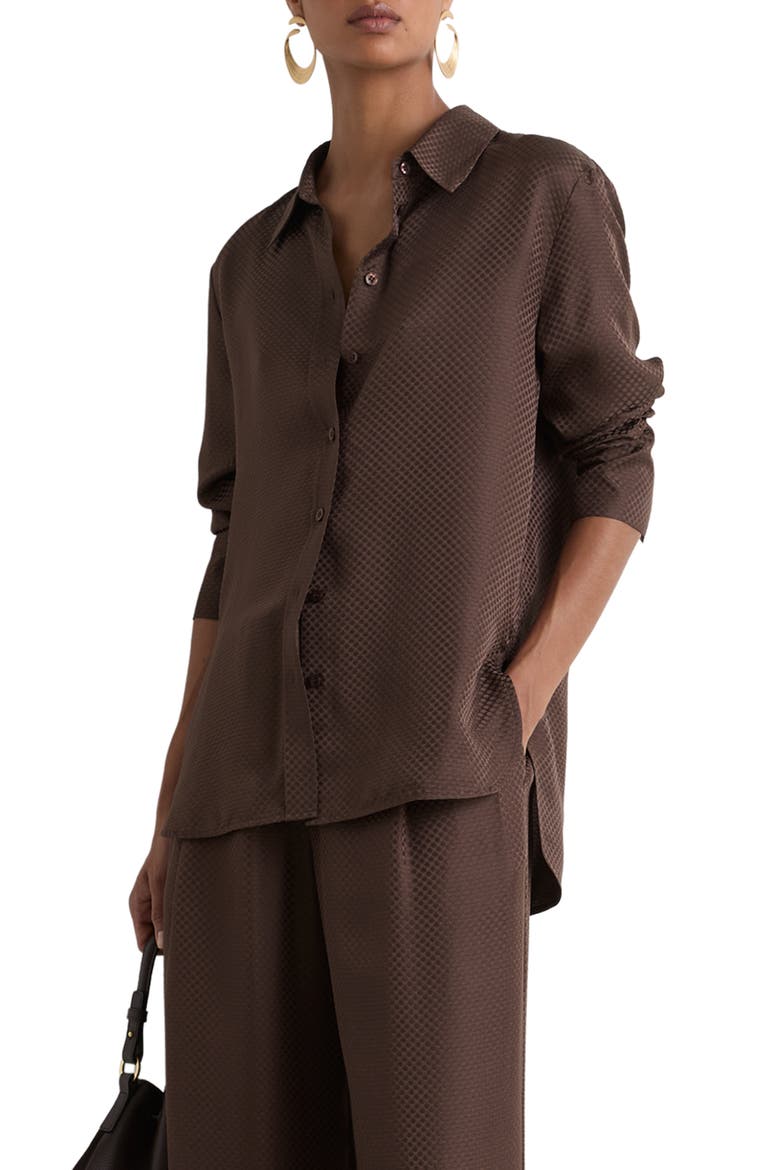 Aliana Silk Button-Down Shirt, Main, color, MOCHA BROWN