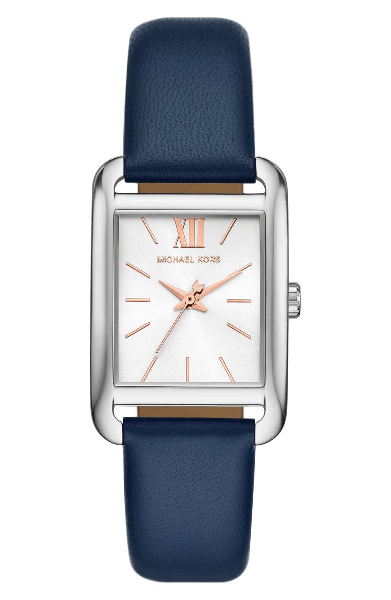 Michael Kors Monroe Three-Hand Quartz Leather Strap Watch, 27mm, Main, color, Silver/ Blue