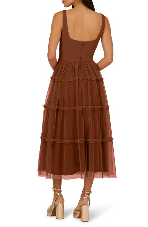 Adrianna Papell Mesh Overlay Tiered Midi Cocktail Dress In Brown