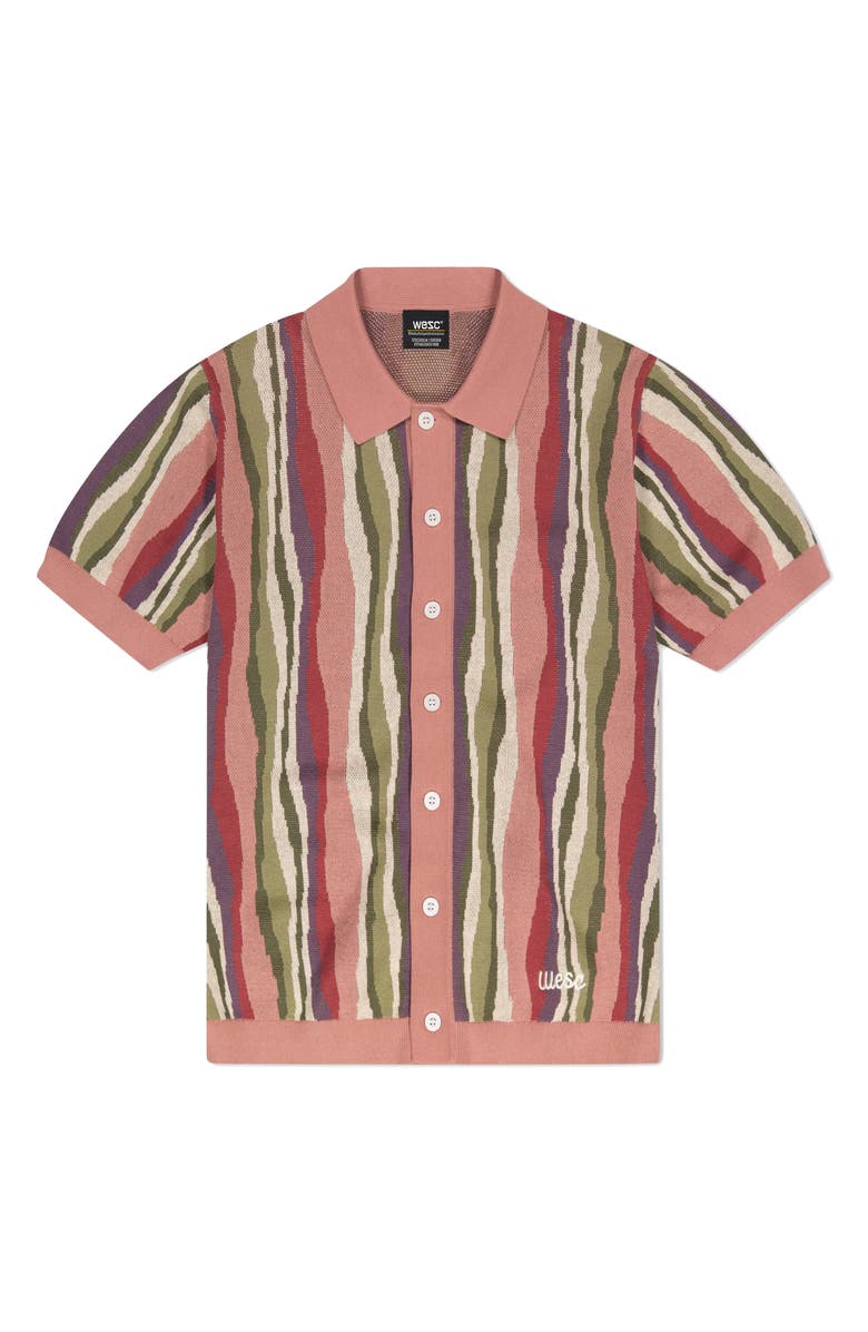 WeSC Stripe Short Sleeve Cotton Cardigan, Main, color, Dusty Rose