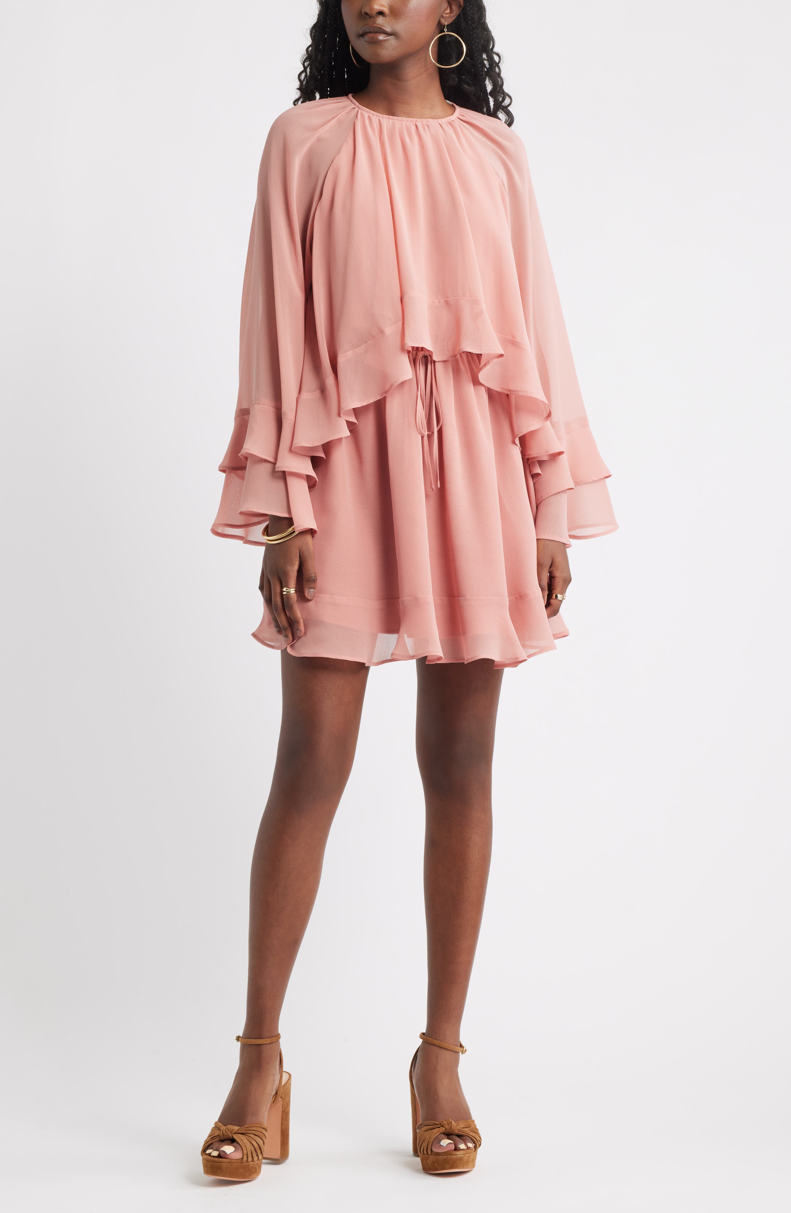 Treasure & Bond Tiered Long Sleeve Chiffon Minidress in Pink Desert 