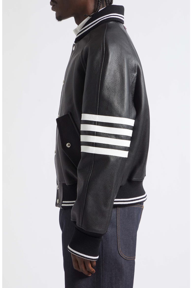 4-Bar Raglan Sleeve Leather Varsity Jacket, Alternate, color, BLACK
