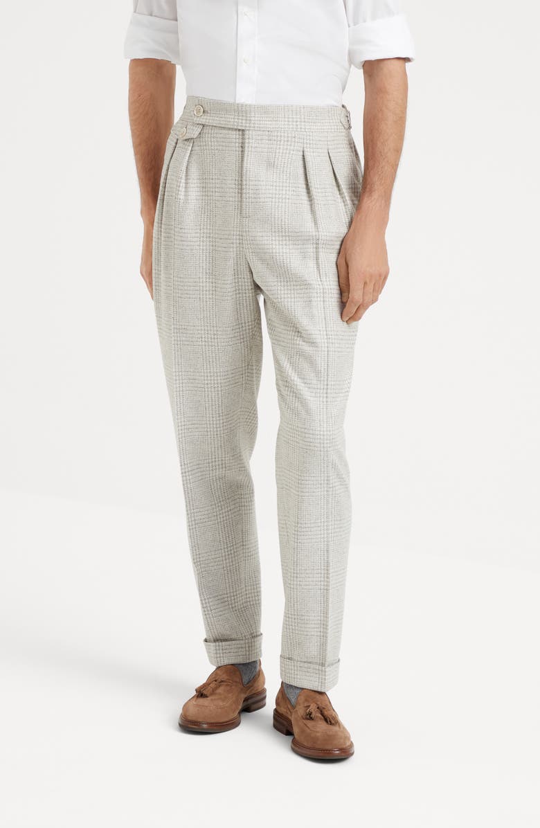 Brunello Cucinelli Comfort wool, silk and cashmere Prince of Wales leisure fit trousers with pleat, Alternate, color, 