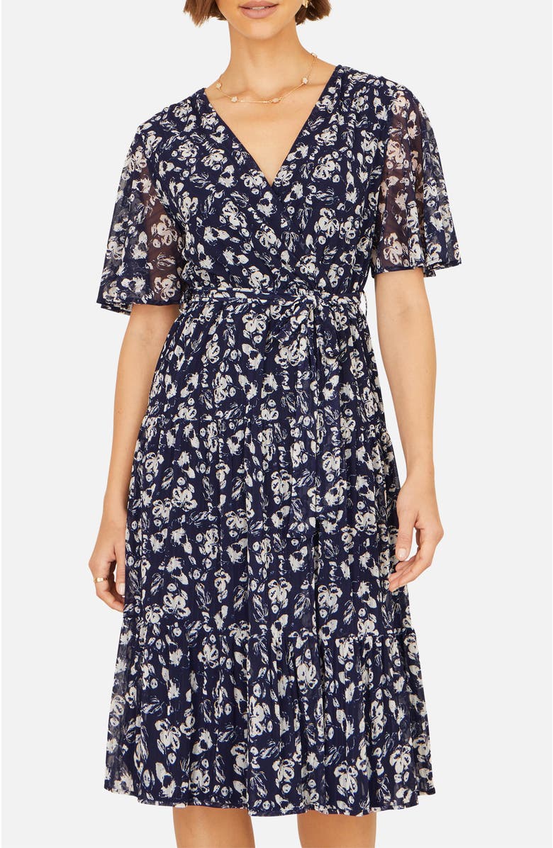 Yumi Floral Mesh Wrap Dress, Alternate, color, Navy