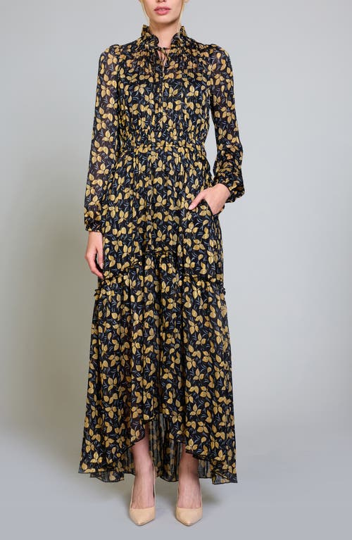 MELLODAY Leaf Print High-Low Long Sleeve Maxi Dress in Black/Yellow Leaf 