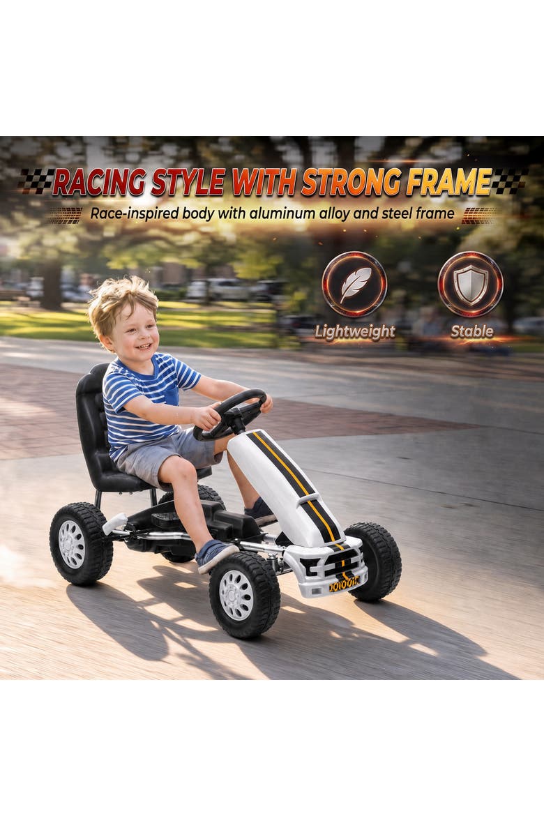 Pedal Go Kart for Kids with Lightweight Aluminum Frame, Steering Wheel, Go Cart Ride on Toy with Manual Brake, Alternate, color, White