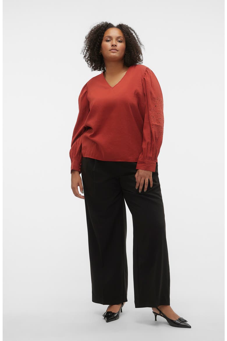 Curve Eyelet Sleeve Top, Alternate, color, RED OCHRE