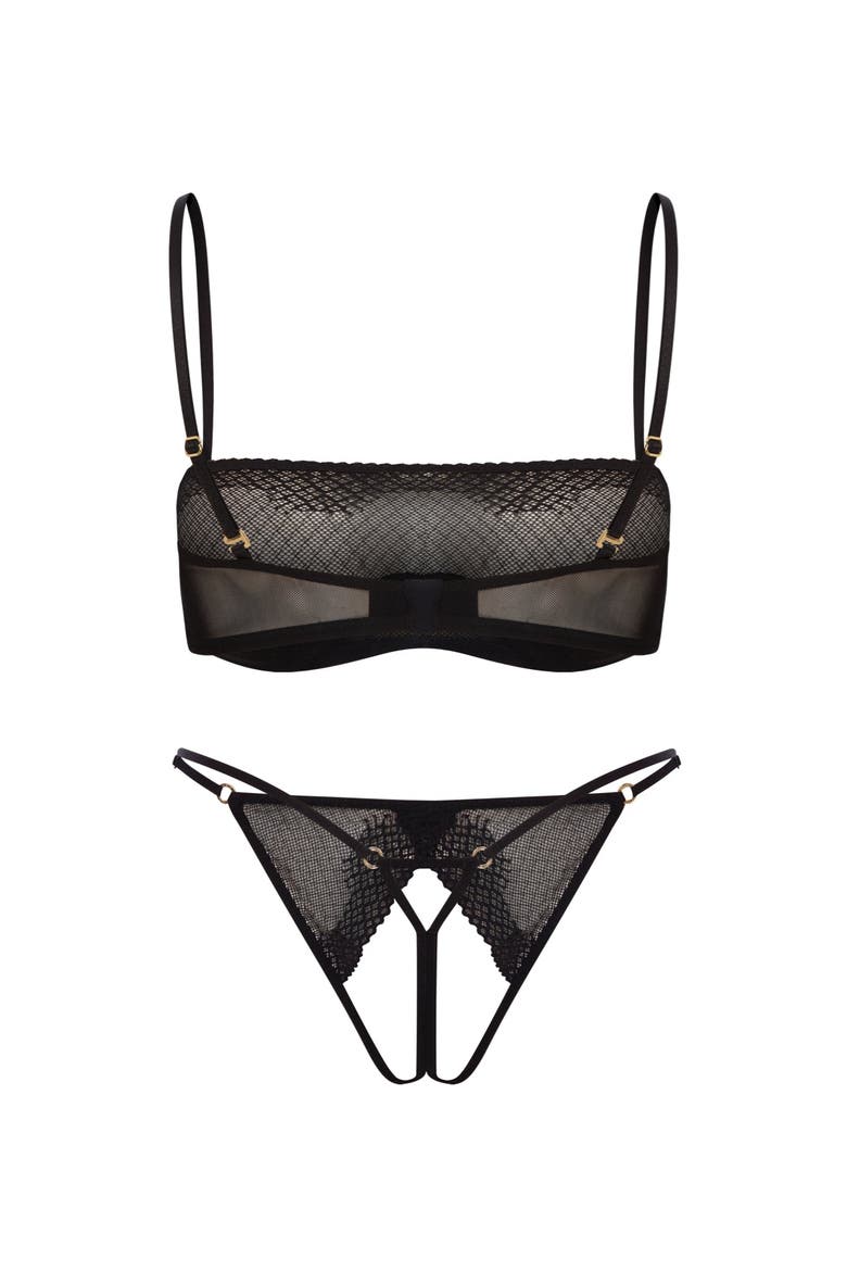 Lumiere Mesh Bra and Open-Back Thong Set, Alternate, color, Black