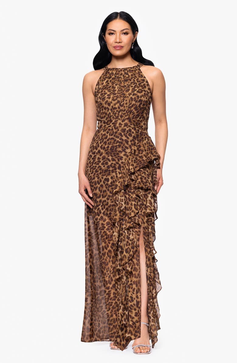 Betsy & Adam Leopard Print Ruffle Detail Chiffon Sheath Gown, Alternate, color,