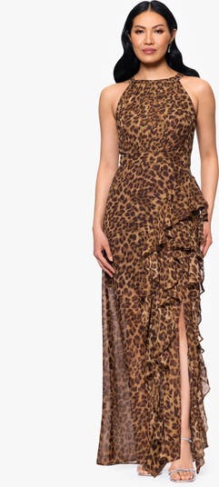 Leopard Print Ruffle Detail Chiffon Sheath Gown