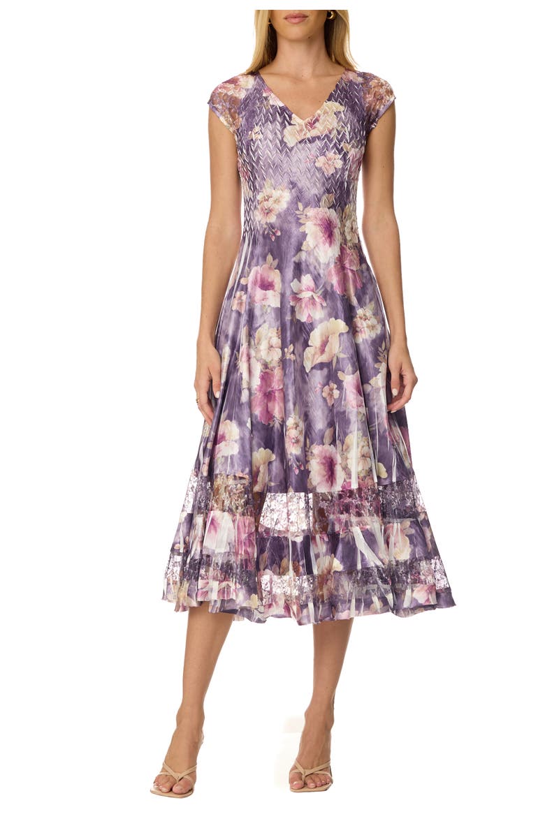 Komarov Dramatic Lace Inset Dress with Cap Sleeves, Main, color, Morning Glory