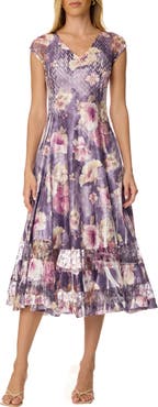 Komarov Dramatic Lace Inset Dress with Cap Sleeves