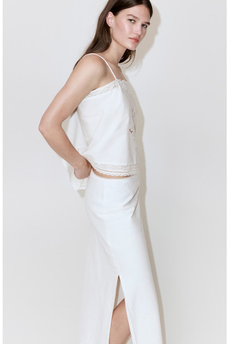 Lace Trim Linen Blend Midi Skirt, Alternate, color, OFF WHITE