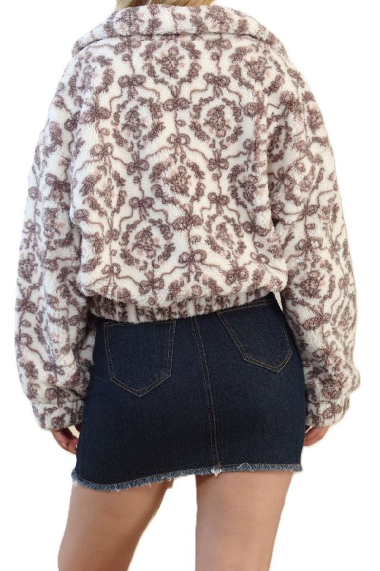 Bow Print High Pile Fleece Jacket, Alternate, color, CREAM/ BROWN