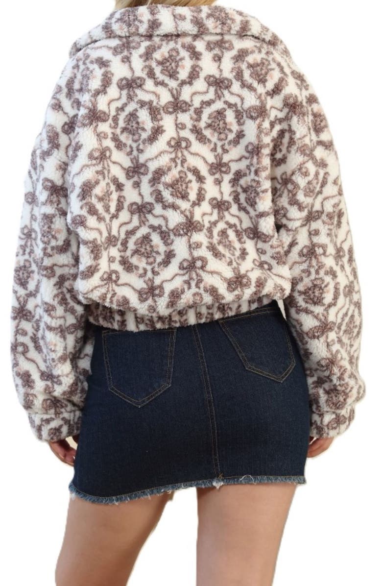 Stoosh Bow Print High Pile Fleece Jacket, Alternate, color, Cream/ Brown