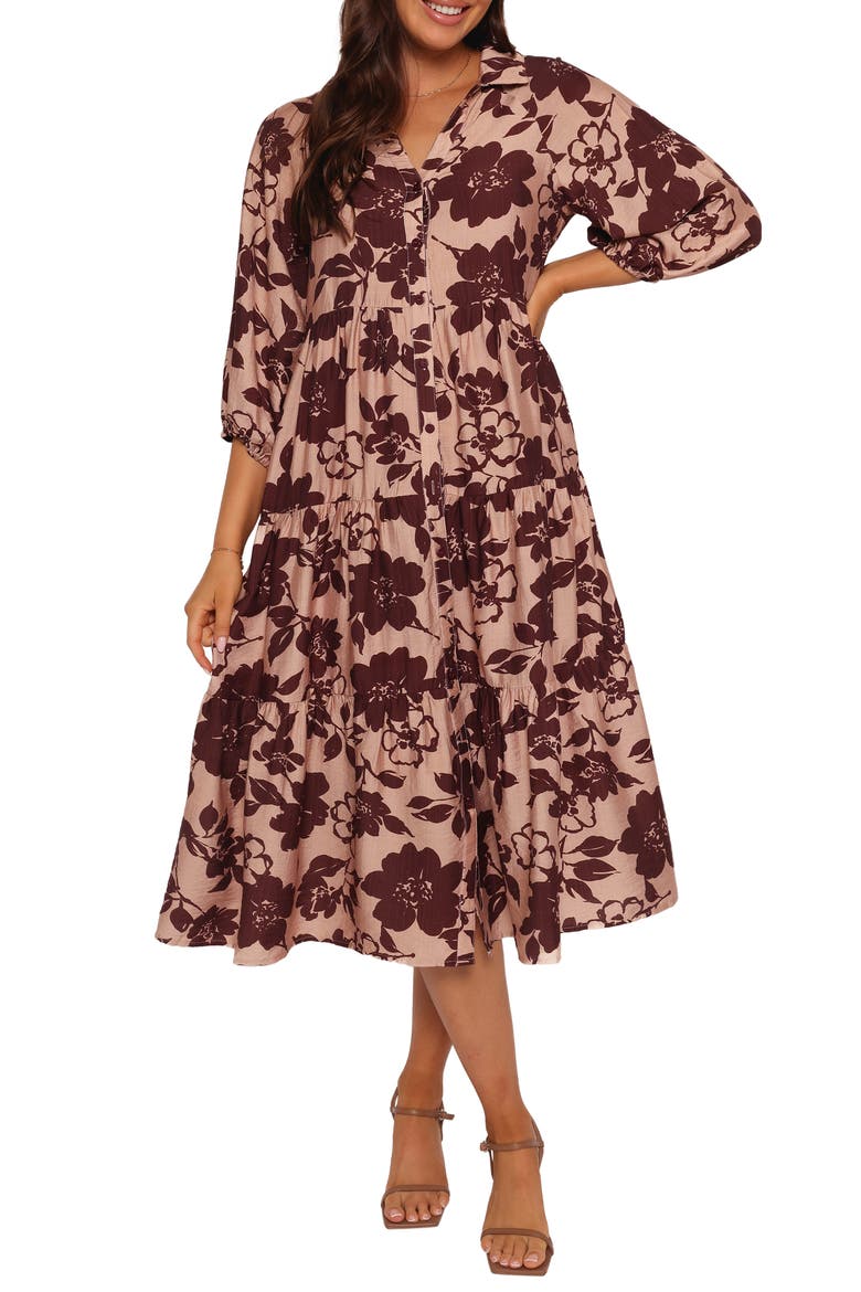 Isaac Floral Midi Shirtdress, Main, color, BROWN FLORAL