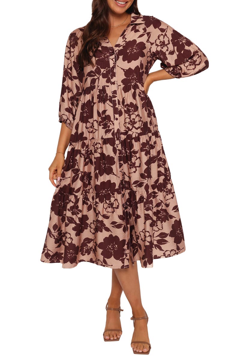 Petal & Pup Isaac Floral Midi Shirtdress, Main, color, Brown Floral