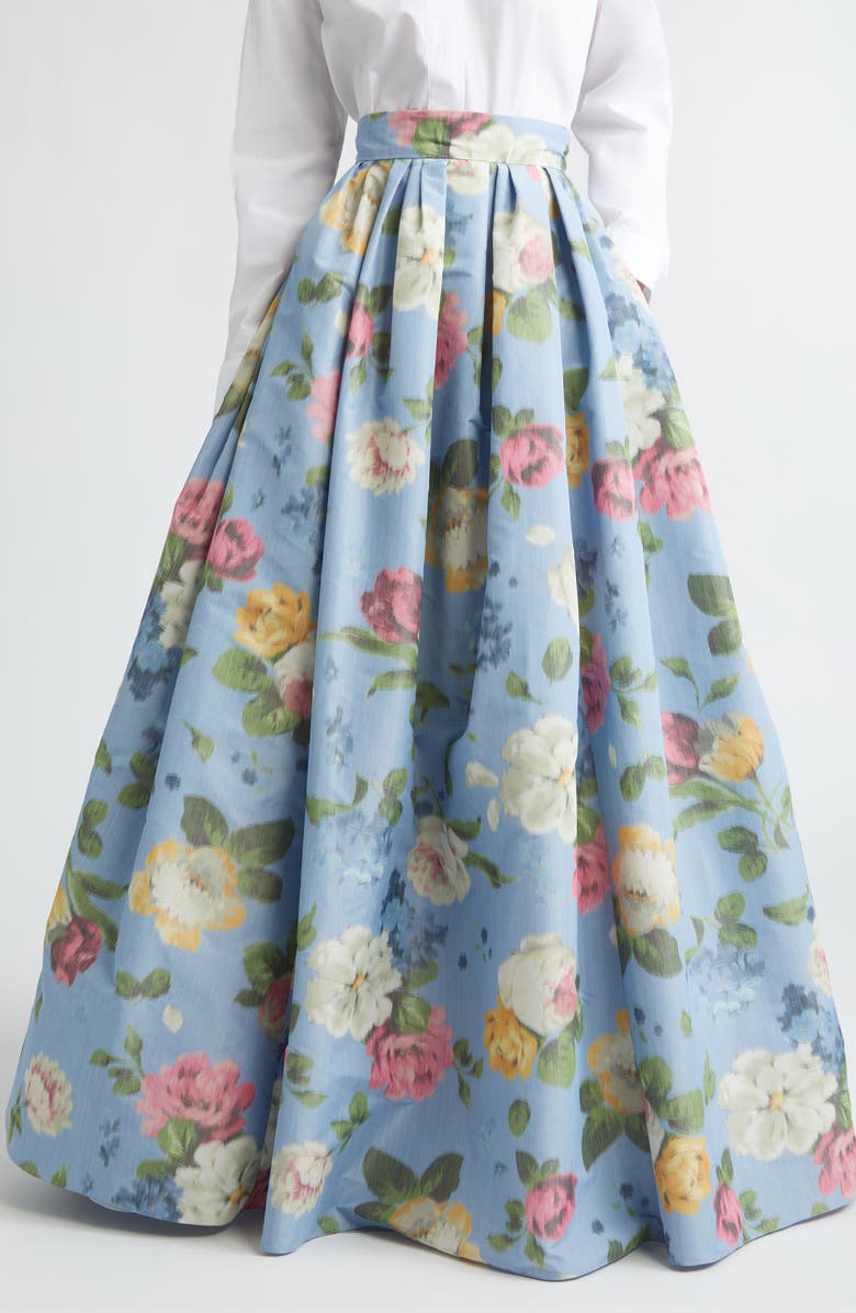 Carolina Herrera Chiné Floral Print Taffeta Ball Skirt, Main, color, Cloudy Blue Multi