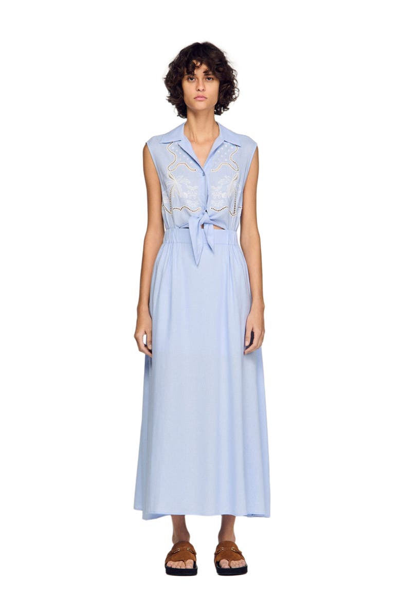 SANDRO Embroidered linen maxi dress, Main, color, Sky Blue