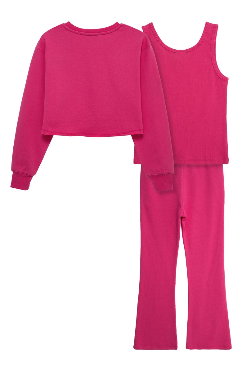 Truce Kids' Appliqué Sweatshirt, Tank & Flare Leg Sweatpants Set, Alternate, color, Dark Pink