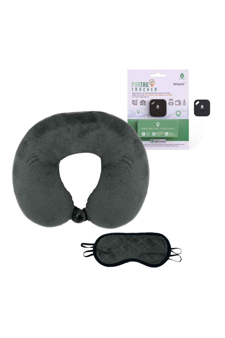 Mindful Traveler Bundle Memory Foam Travel Pillow with Sleep Mask & Purtag Tracker, Main, color, Grey