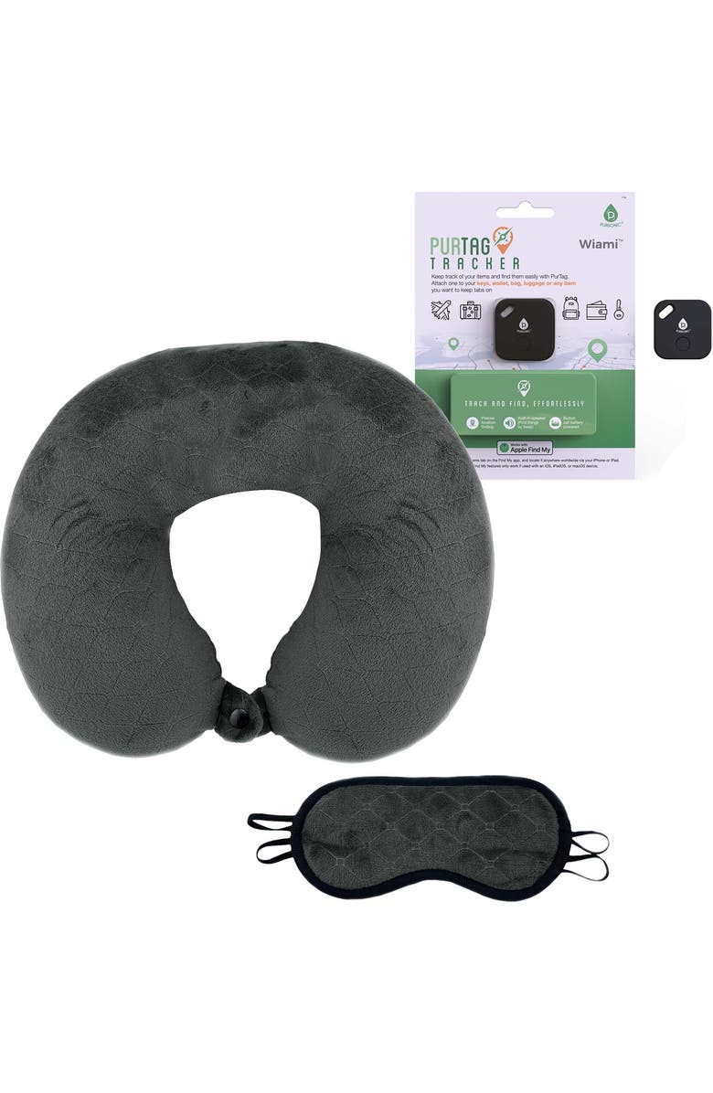 PURSONIC Mindful Traveler Bundle Memory Foam Travel Pillow with Sleep Mask & Purtag Tracker, Main, color, Grey