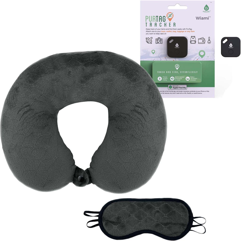 Pursonic Mindful Traveler Bundle Memory Foam Travel Pillow With Sleep Mask & Purtag Tracker In Grey
